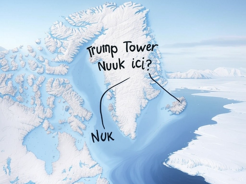 Carte du Groenland annotée avec humour, incluant une mention fictive "Trump Tower Nuuk ici ?" et des références satiriques à une possible annexion américaine.