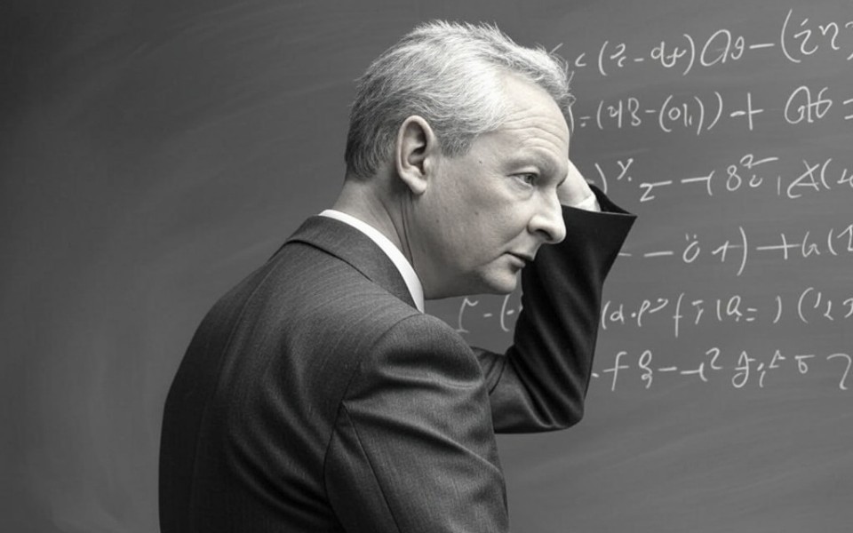 caricature de Bruno le maire nul en math devant un tableau avec des équation